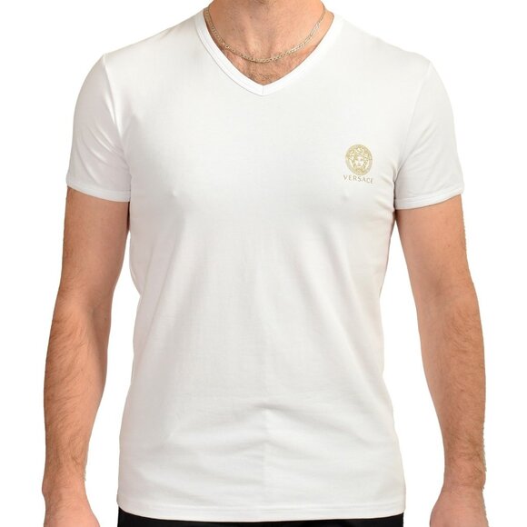 Versace Men's White Gold Medusa Print V-Neck T-Shirt Versace sz 5 US M IT 50 - Picture 1 of 6